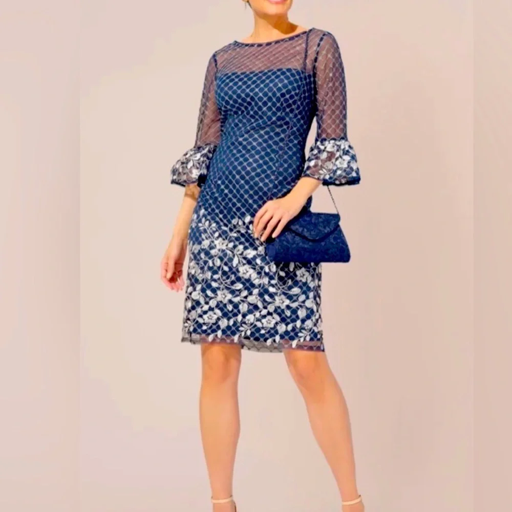 Adrianna Papell Boat-Neck Mesh-Overlay border embroidery sheath Dress - Picture 11 of 11